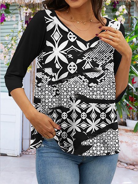 

Casual Vacation V Neck Abstract Printed Three Quarter T-Shirt, Black, Tops