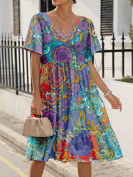 

Casual Vacation Paisley Printed Short Sleeve V-neck Knee-length Dress, Multicolor, Dresses