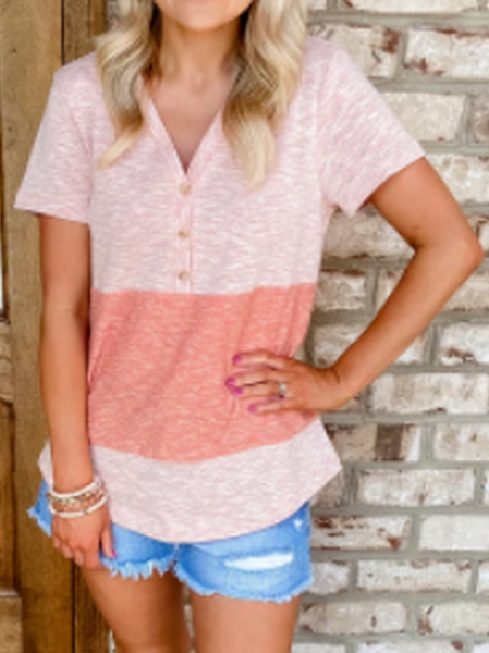 

Solid Loosen V Neck Short Sleeve T-Shirt, Pink, T-Shirts