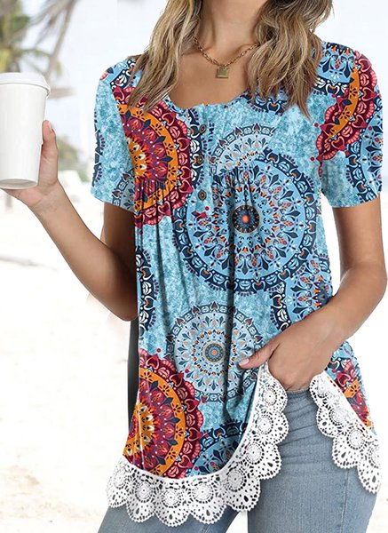 

Casual Batwing Geometric Short Sleeve Tops, Blue, Shirts & Blouses