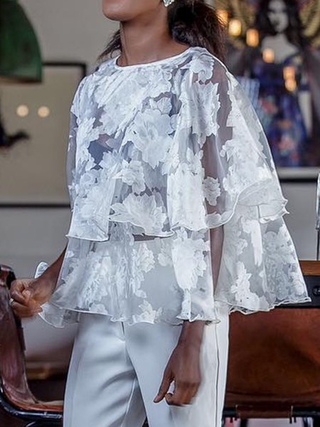 

Floral Elegant Crew Neck Half Sleeve Top, White, Blouses and Shirts