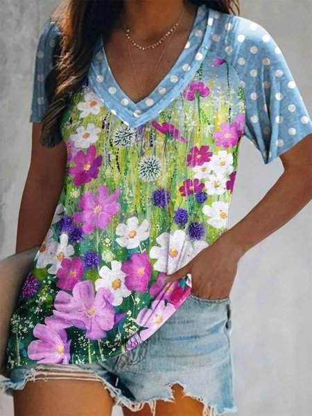 

Floral And Polka Dots V Neck Short Sleeve T-Shirt, Multicolor, Tops