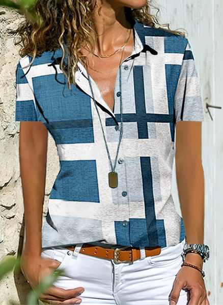 

Shirt Collar Short Sleeve Blouse, Blue, Shirts & Blouses