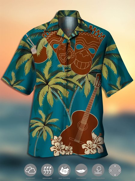 

Men's Music Guitar Print Casual Breathable Fabric Hawaiian Short Sleeve Shirt, Green, Men's Floral shirt