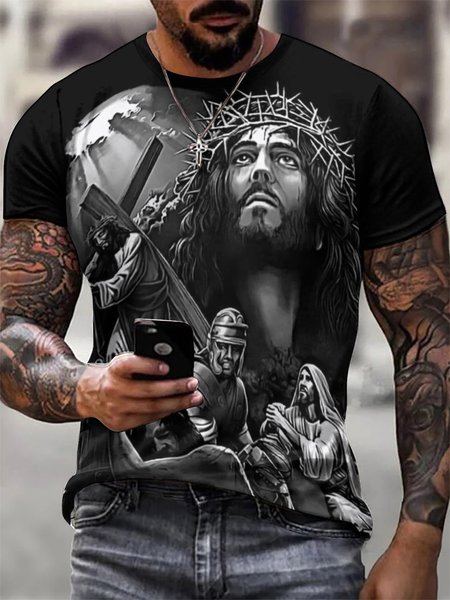 

Mens Jusus Print Crew Neck Casual Short Sleeve T-Shirt, As picture, T-shirts