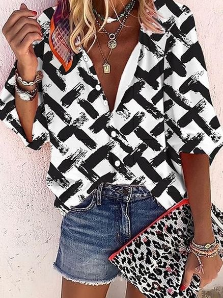 

V Neck Casual Loosen Mid Sleeve Blouse, Black-white, Shirts & Blouses