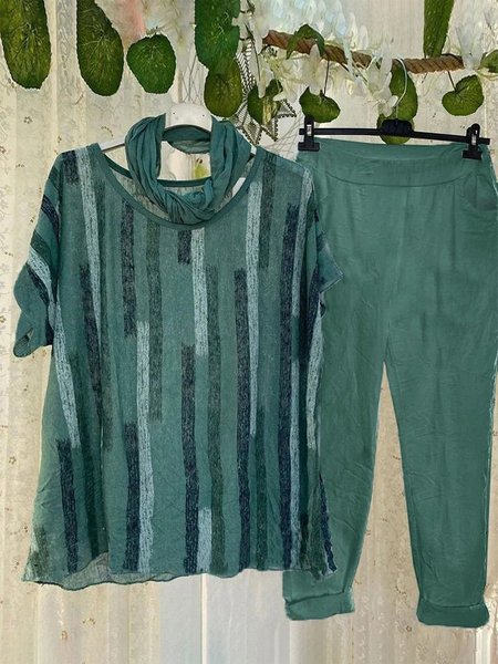 

Loosen Striped Two Piece Sets, Green, Suit Set