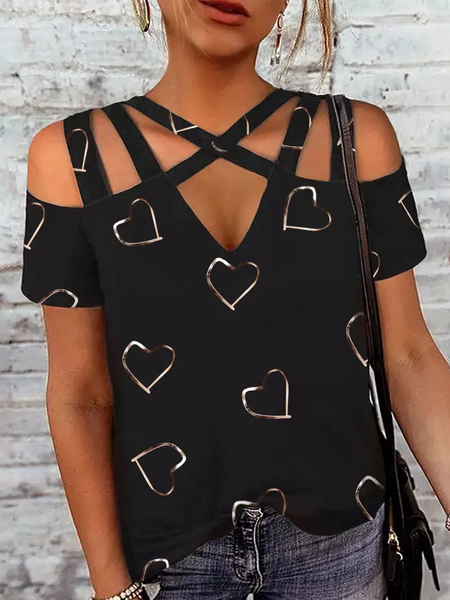 

Heart Print Multi-Strap Cold Shoulder Top, Black, T-Shirts