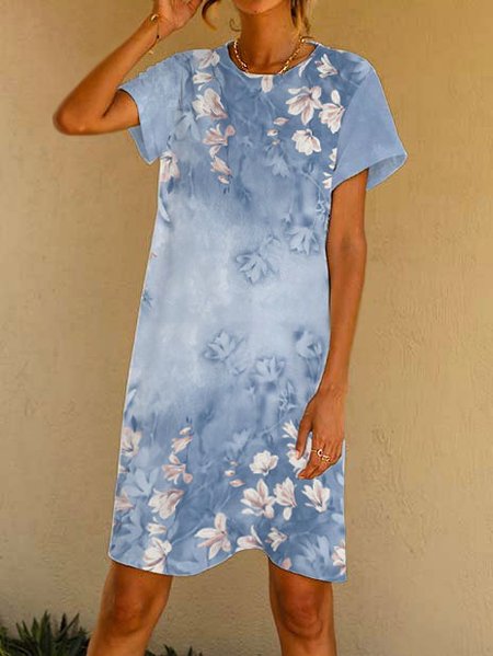 

Regular Fit Floral Casual Short Sleeve Knit Dress, Blue, Dresses