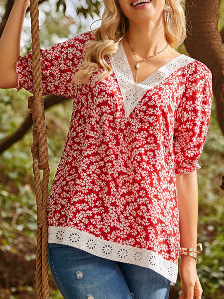 

Red Floral Eyelet Trim V-Neck Half-Sleeve Top, Shirts & Blouses