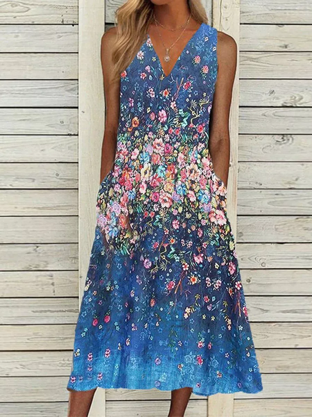 

Cotton Regular Fit Floral Sleeveless Knitting Dresses, Blue, Dresses