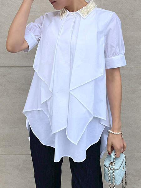 

Summer Lightweight Plain Elegant Shirt Collar Woven Daily, White, Tops