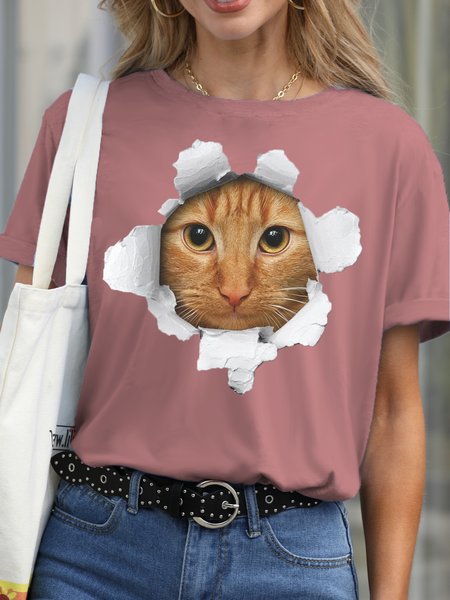 Womens Cute Print Casual Short Sleeve T-Shirt, Pink, T-shirts