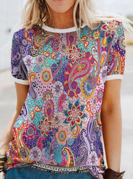 

Paisley Regular Fit Crew Neck Casual Short Sleeve T-Shirt, Purple, T-Shirts
