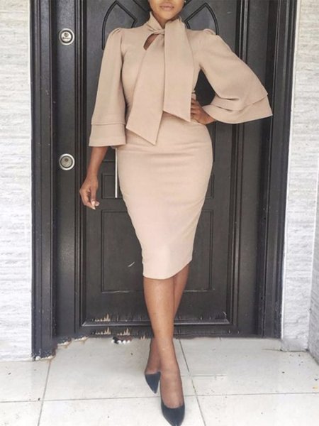 

Elegant Regular Fit Solid Midi Dress, Nudepink, Midi Dresses