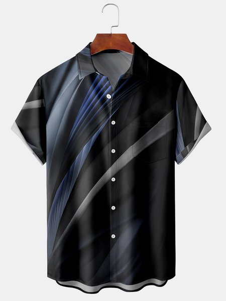 

Men's Black Grey 3D Geometric Line Print Casual Breathable Pocket Short Sleeve Shirt, Men's Floral shirt