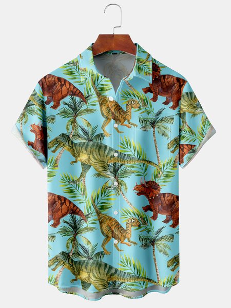 

Men's Coconut Tree Dinosaur Print Casual Breathable Hawaiian Pocket Short Sleeve Shirt, Green, Men's Floral shirt