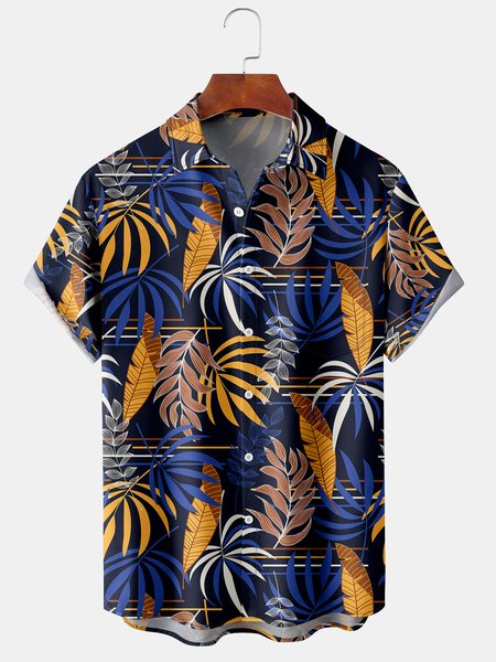 

Men's Palm Leaf Print Casual Breathable Hawaiian Short Sleeve Shirt, Black, Men's Floral shirt