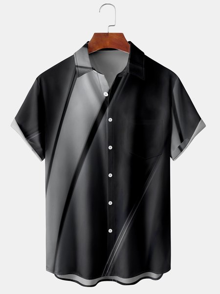 

Men's Black Grey 3D Geometric Line Print Casual Breathable Pocket Short Sleeve Shirt, Men's Floral shirt