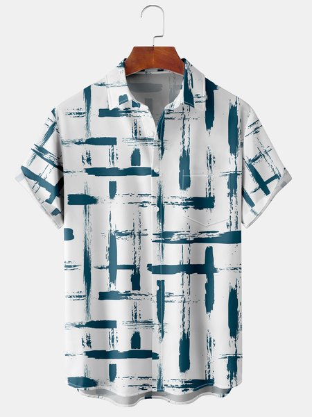 

Men's Simple Geometric Striped Print Casual Breathable Hawaiian Short Sleeve Shirt, White, Men's Floral shirt