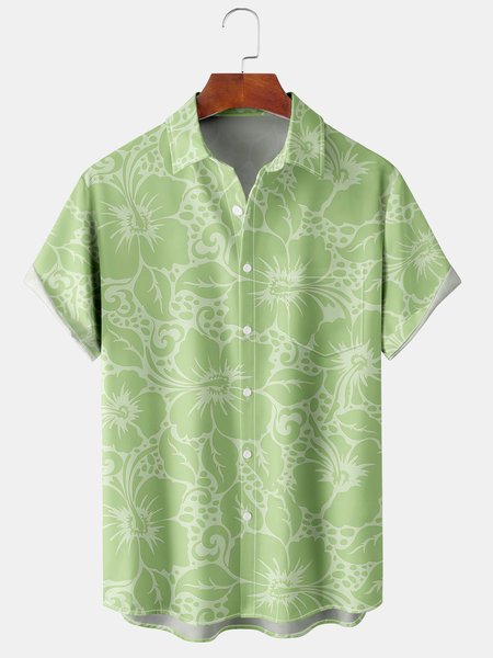 

Men's Hibiscus Print Casual Breathable Hawaiian Short Sleeve Shirt, Green, Men's Floral shirt
