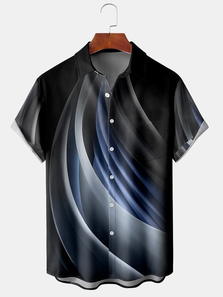 

Men's Black Grey 3D Geometric Line Print Casual Breathable Pocket Short Sleeve Shirt, Men's Floral shirt