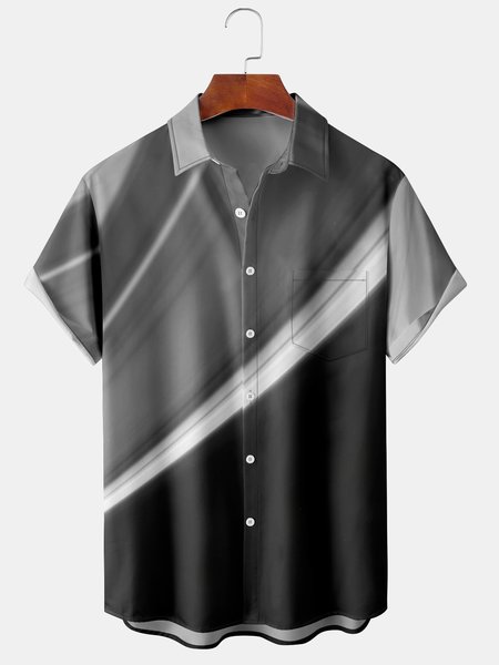

Men's Black Grey 3D Geometric Line Print Casual Breathable Pocket Short Sleeve Shirt, Men's Floral shirt