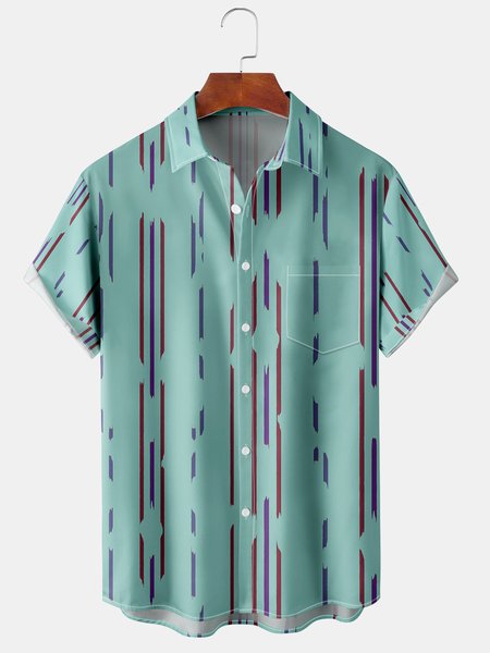 

Men's Simple Striped Print Casual Breathable Hawaiian Short Sleeve Shirt, Green, Men's Floral shirt