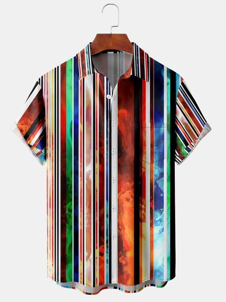 

Men's Striped Casual Short Sleeve Hawaiian Shirt with Chest Pocket, As picture, Men's Floral shirt
