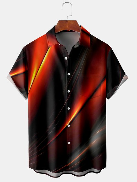 

Men's Black Red 3D Geometric Line Print Casual Breathable Pocket Short Sleeve Shirt, Men's Floral shirt