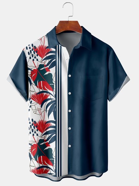 

Men's Casual Short Sleeve Hawaiian Shirt with Chest Pocket Print, Deep blue, Men's Floral shirt