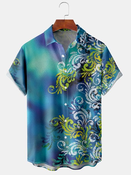 

Gradient Graphic Short Sleeve Casual Chest Pocket Men's Shirt, Blue, Men's Floral shirt