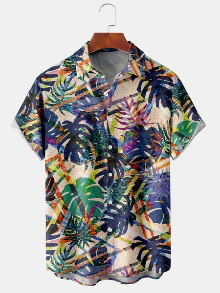 

Men's Botanical Print Casual Short Sleeve Hawaiian Shirt, Purple, Men's Floral shirt