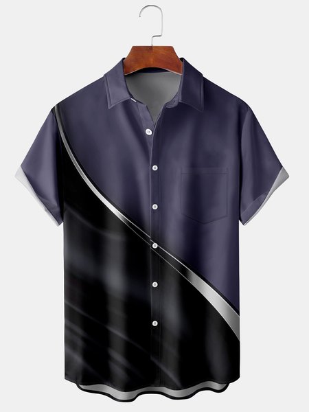 

Men's Black and Blue 3D Geometric Line Print Casual Breathable Pocket Short Sleeve Shirt, Black-blue, Men's Floral shirt