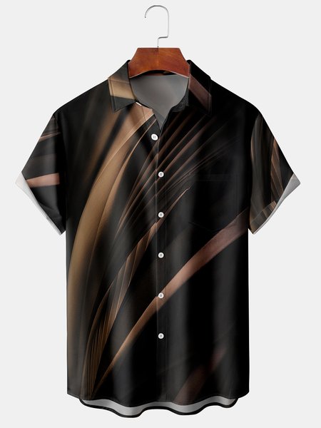 

Men's Black Gold 3D Geometric Line Print Casual Breathable Pocket Short Sleeve Shirt, Men's Floral shirt