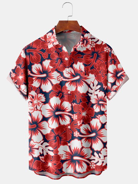 

Men's Red Hibiscus Print Casual Breathable Hawaiian Short Sleeve Shirt, Men's Floral shirt