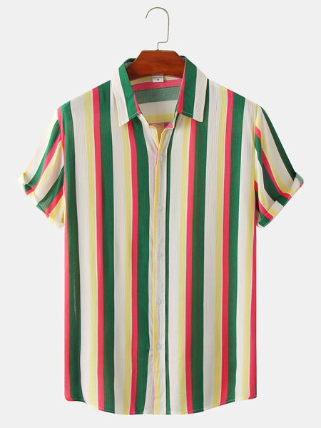 

Cotton and linen style American casual striped all-match linen shirt, As picture, Men's Floral shirt