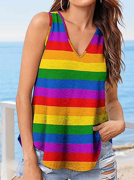 

Rainbow Stripe Curved-Hem Casual V-Neck, Multicolor, Tanks & Camis