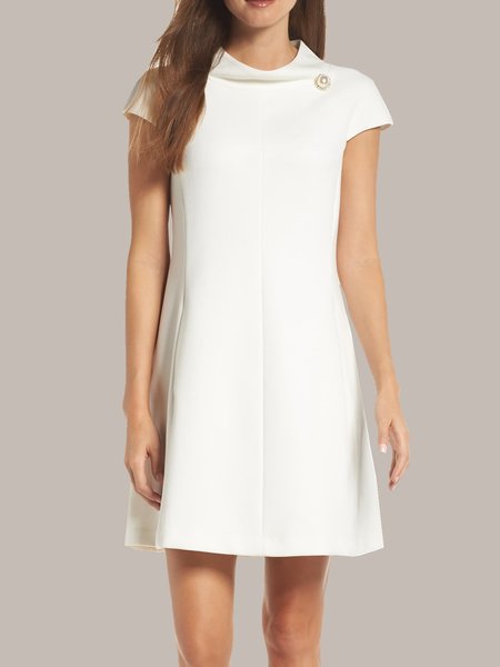 

Stand Collar Simple Short Sleeve Woven Dress, White, Midi Dresses