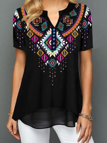

Boho Regular Fit Short Sleeve Tops, Black, Tunics