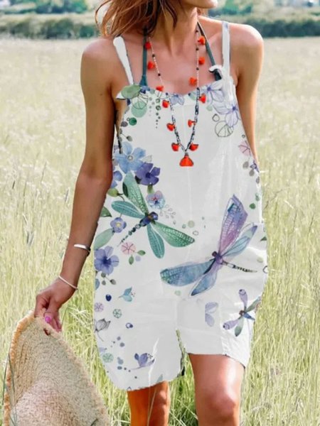 

Square Neck Animal Cotton Jumpsuit & Romper, White, Jumpsuits＆Rompers