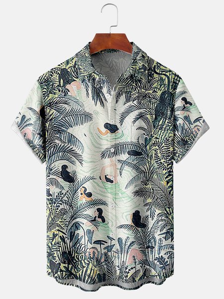 

Men's Coconut Tree Print Casual Fabric Fashion Hawaiian Lapel Pocket Short Sleeve Shirt, Green, Men's Floral shirt