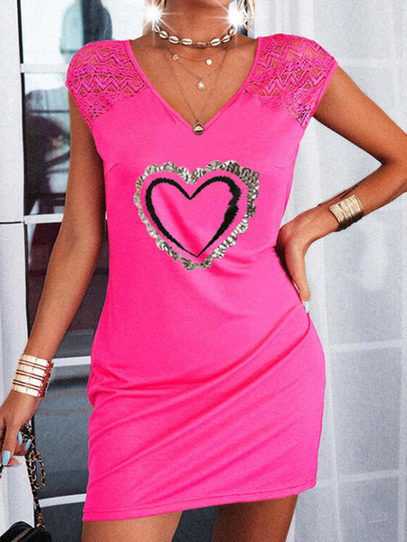 

sexy lace shoulders V Neck Short Sleeve Knit Dress, Rose red, Dresses