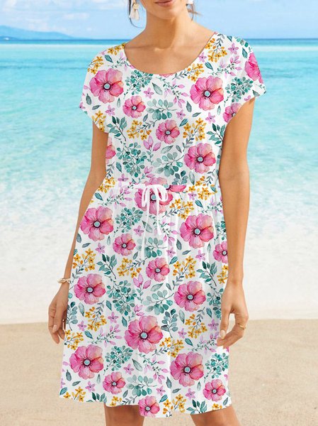 

Floral Design Waist Drawstring Short Sleeve Dress, White, Dresses