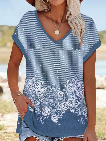 

Vintage denim blue loose split top T-shirt plus Size, T-Shirts