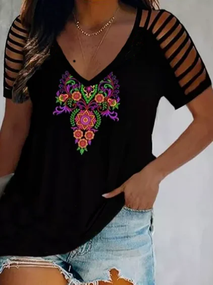 

Regular Fit Boho Floral Short Sleeve Tops, Black, T-Shirts