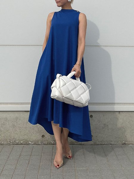 

Stand Collar Simple Sleeveless Woven Dress, Blue, Midi Dresses