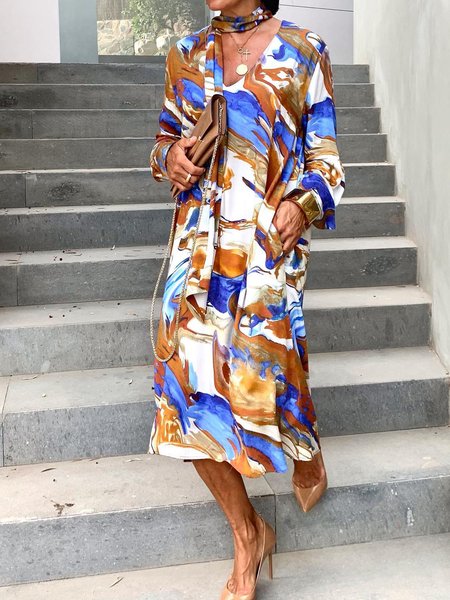 Simple Loosen V Neck Long Sleeve Woven Dress, Blue, Midi Dresses