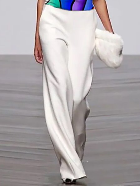 

White Daily Long Regular Fit Plain Pants, Straight Leg Pants