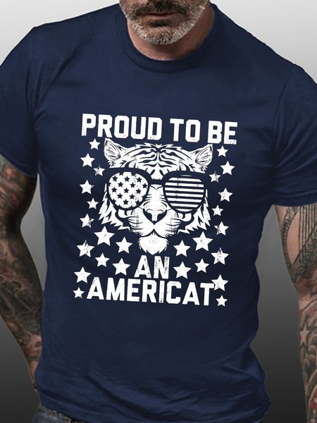 

Proud To Be An Americat Funny Tiger Print Crew Neck T-shirt, Purplish blue, T-shirts